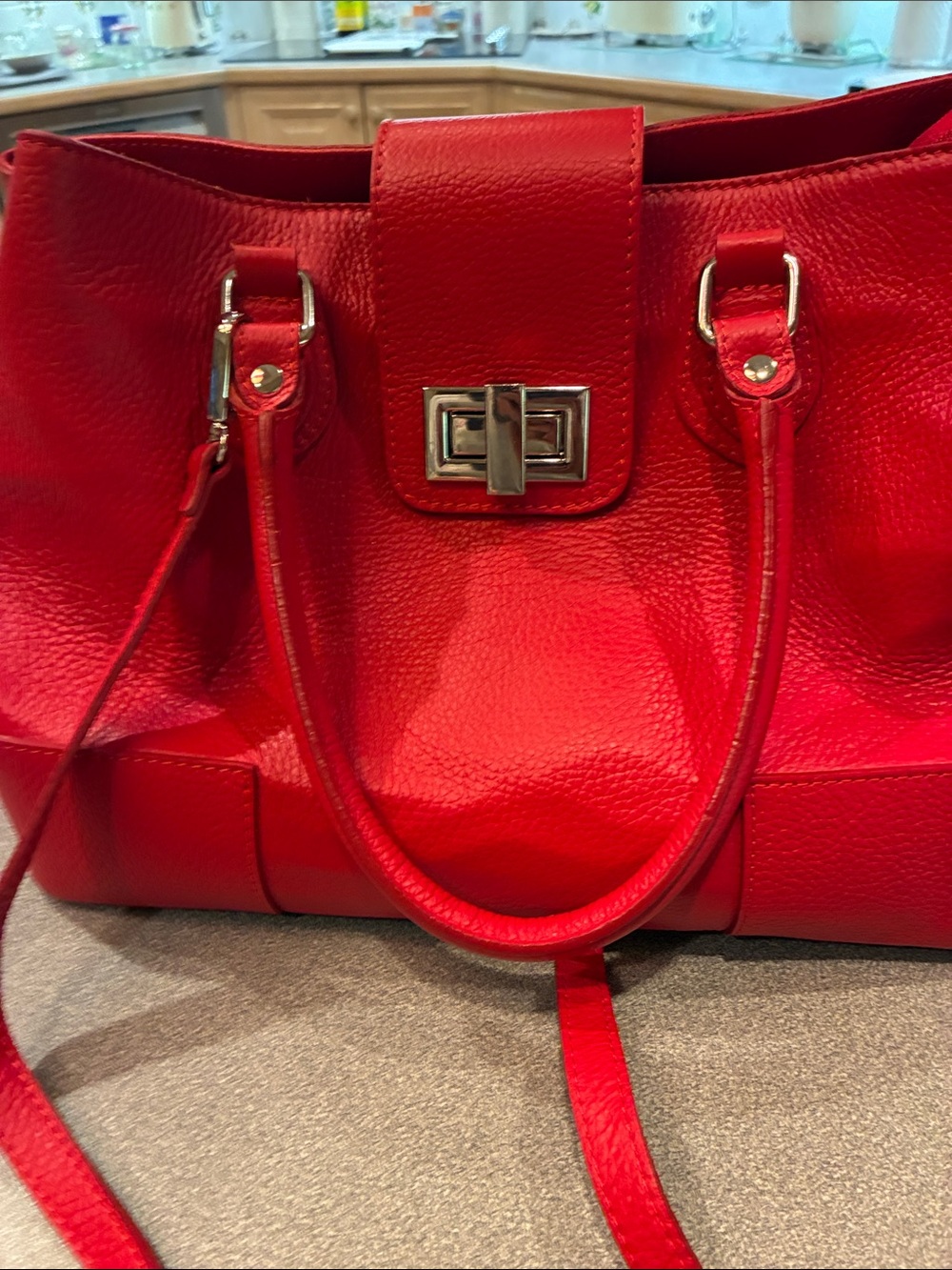 Classic Red Pebbled Shoulder Bag with Silver Turn-Lock